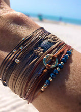 Load image into Gallery viewer, 14k yellow gold featured in rust; paired with 14k yellow gold Pleiades in brown and Lampsi (meseo) in khaki, double wrap