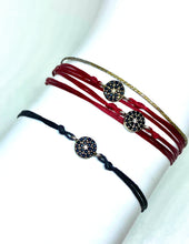 Load image into Gallery viewer, Sterling silver double mini burst featured in crimson (original with sparkly cord) (top) and sterling silver mini burst featured in black (mona) (bottom)