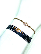 Load image into Gallery viewer, Yellow gold vermeil lock featured in khaki (mona) (top) and rose gold vermeil lock featured in navy (original) (bottom)