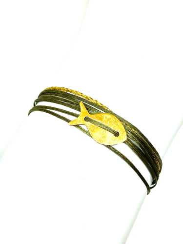 Yellow gold vermeil flat fish featured in taupe (original with sparkly cord)