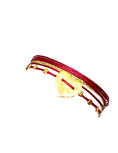 Load image into Gallery viewer, Yellow gold vermeil featured in crimson with crimp beads (original with sparkly cord)