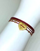 Load image into Gallery viewer, Yellow gold vermeil featured in crimson with crimp beads (original with sparkly cords)