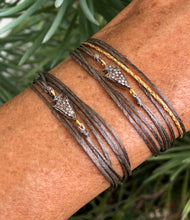 Load image into Gallery viewer, Yellow gold vermeil featured in taupe (with complementary sparkly cord - top)