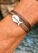 Load image into Gallery viewer, Goldfish featured in taupe with gold sparkly cord