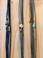 Load image into Gallery viewer, Rose gold vermeil with black enamel featured in black (original) (left) and rose gold vermeil with white enamel featured in taupe (original with sparkly cord) (middle) and rose gold vermeil with turquoise enamel (original) (left)