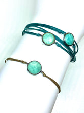 Load image into Gallery viewer, Rhodium vermeil amazonite (theo) featured in teal (original) (top) and rhodium vermeil amazonite featured in khaki (mona) (bottom)