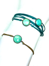 Load image into Gallery viewer, Amazonite in rhodium vermeil (theo) featured in teal (original) (top) and amazonite featured in khaki (mona) (bottom)